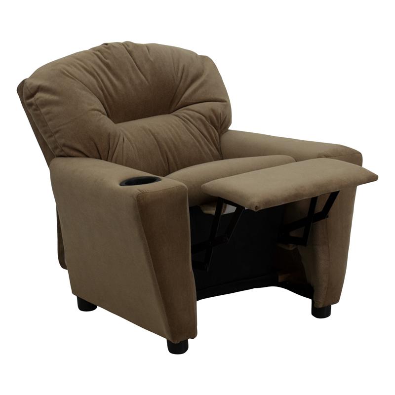 Contemporary Brown Microfiber Kids Recliner with Cup Holder. Picture 5
