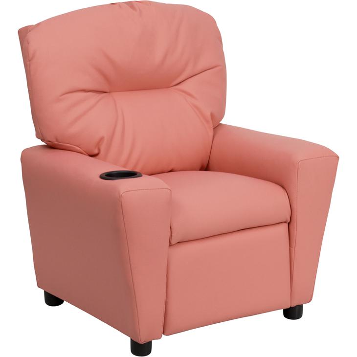 Contemporary Pink Vinyl Kids Recliner with Cup Holder. Picture 1