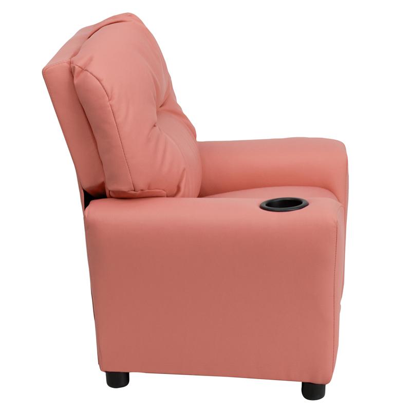 Contemporary Pink Vinyl Kids Recliner with Cup Holder. Picture 2