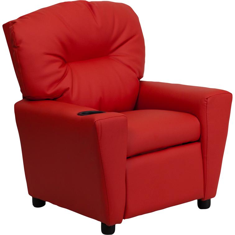 Contemporary Red Vinyl Kids Recliner with Cup Holder. Picture 1
