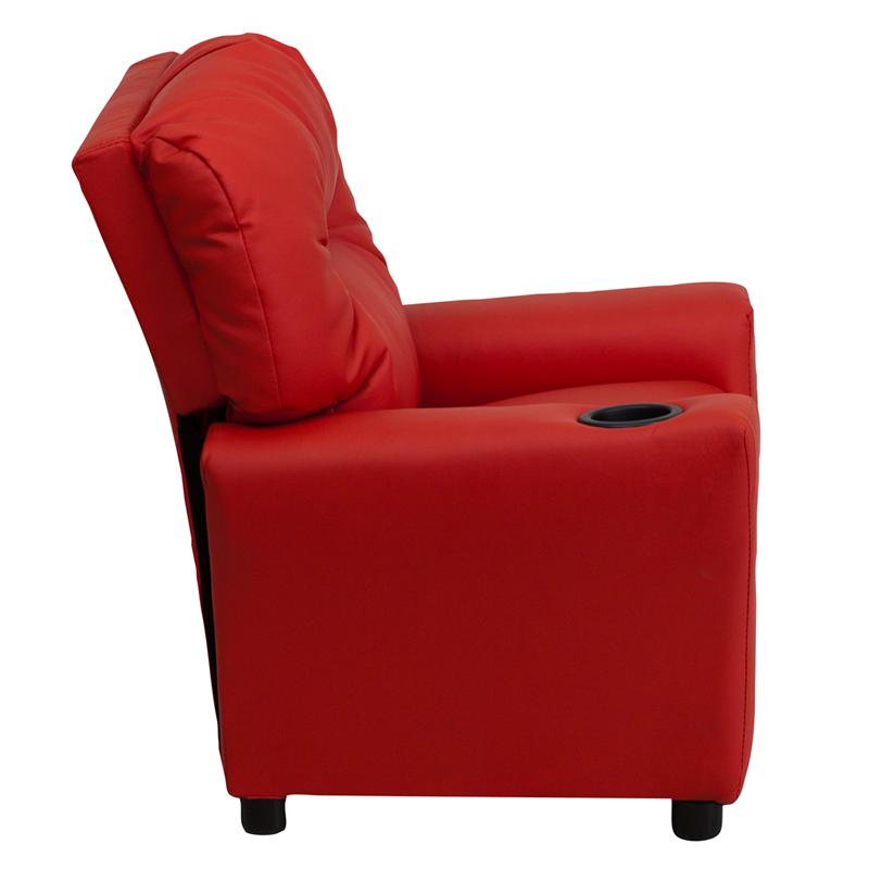 Contemporary Red Vinyl Kids Recliner with Cup Holder. Picture 2