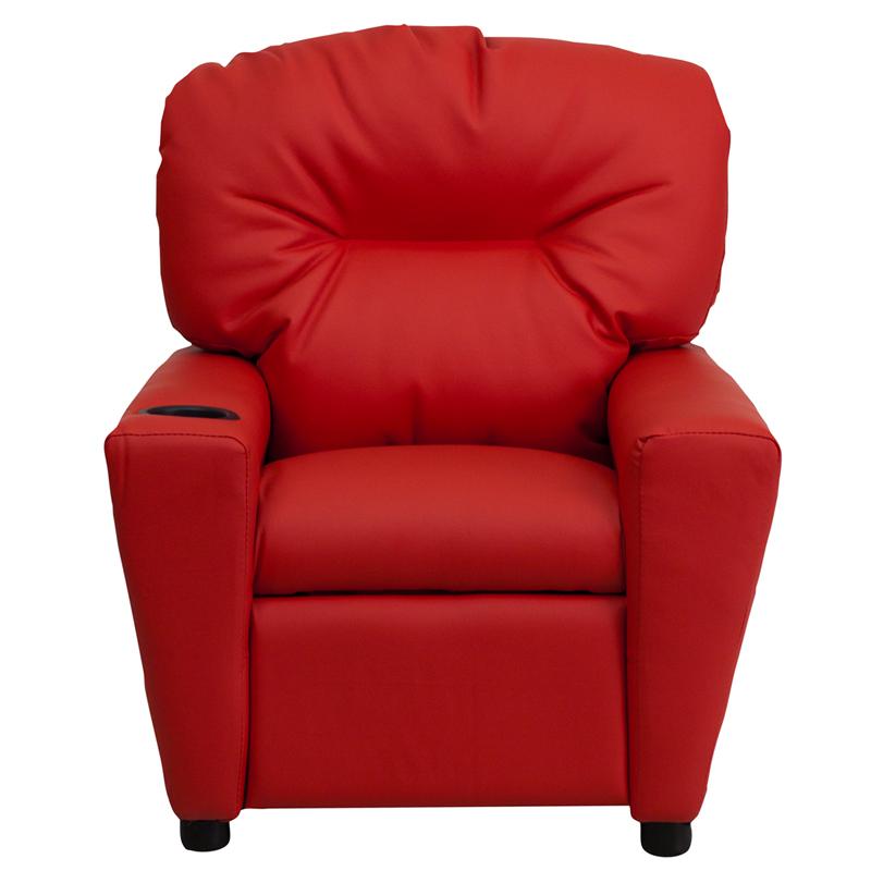 Contemporary Red Vinyl Kids Recliner with Cup Holder. Picture 4
