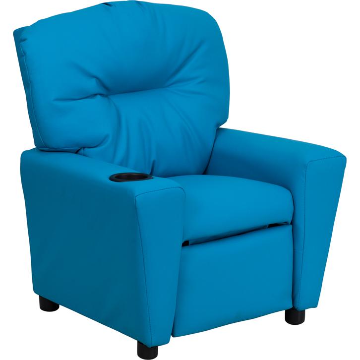 Contemporary Turquoise Vinyl Kids Recliner with Cup Holder. The main picture.