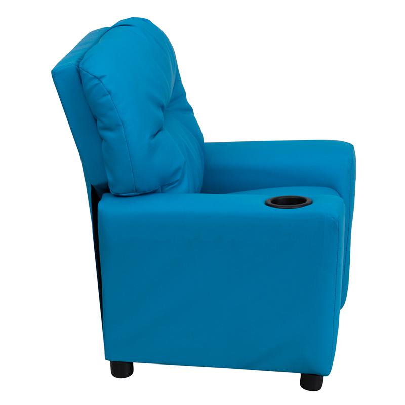 Contemporary Turquoise Vinyl Kids Recliner with Cup Holder. Picture 2