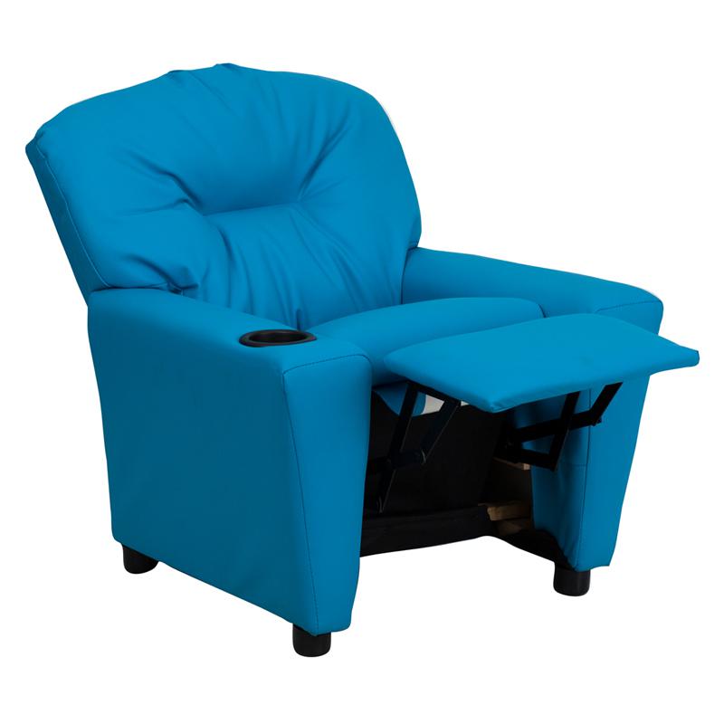 Contemporary Turquoise Vinyl Kids Recliner with Cup Holder. Picture 5