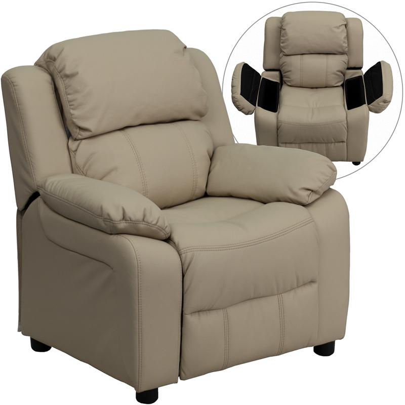 Deluxe Padded Contemporary Beige Vinyl Kids Recliner with Storage Arms. Picture 1