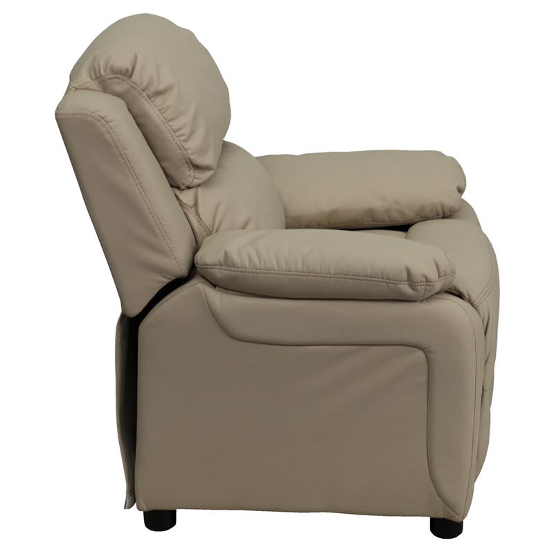 Deluxe Padded Contemporary Beige Vinyl Kids Recliner with Storage Arms. Picture 2