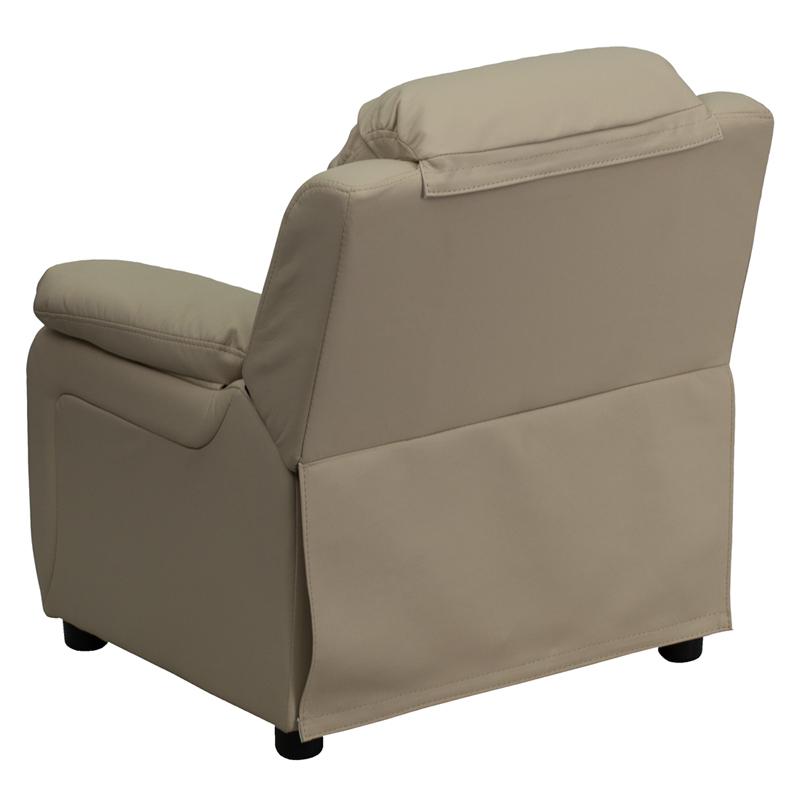 Deluxe Padded Contemporary Beige Vinyl Kids Recliner with Storage Arms. Picture 3