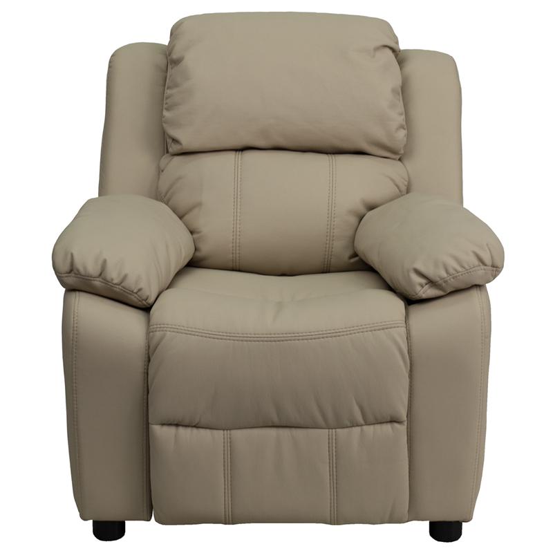Deluxe Padded Contemporary Beige Vinyl Kids Recliner with Storage Arms. Picture 4