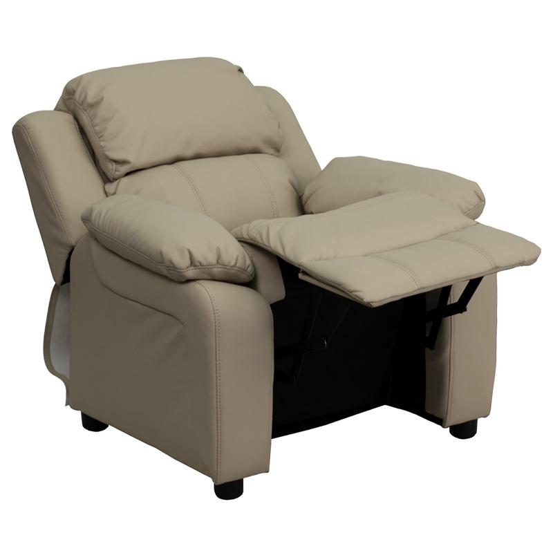 Deluxe Padded Contemporary Beige Vinyl Kids Recliner with Storage Arms. Picture 5