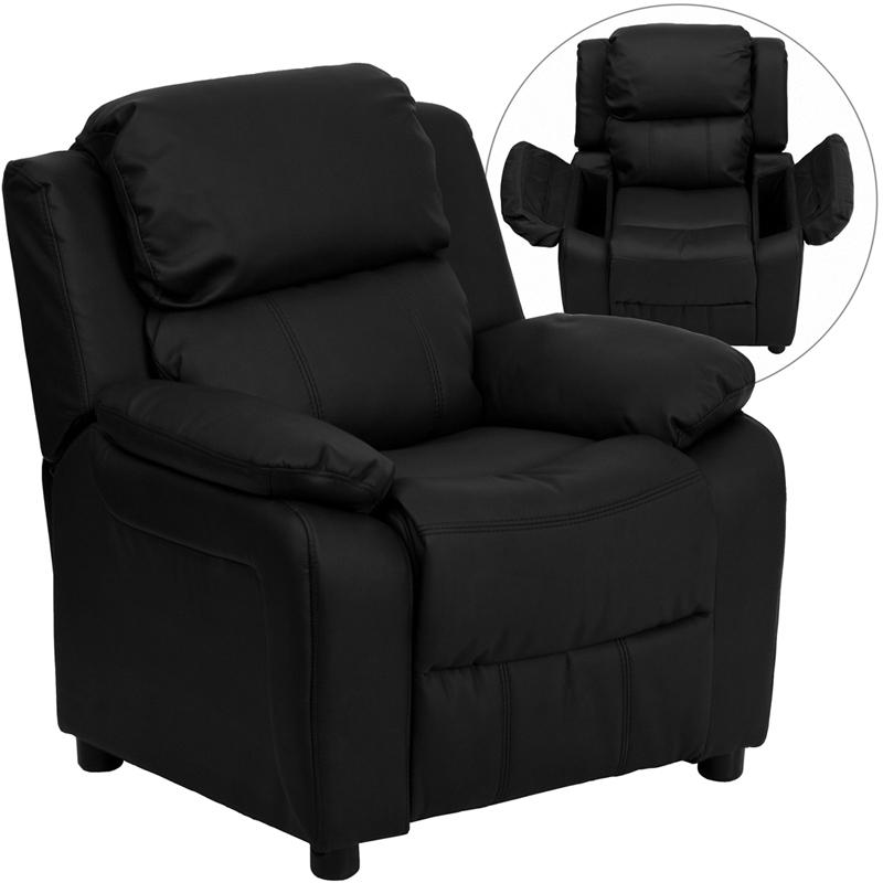 Deluxe Padded Contemporary Black LeatherSoft Kids Recliner with Storage Arms. Picture 1