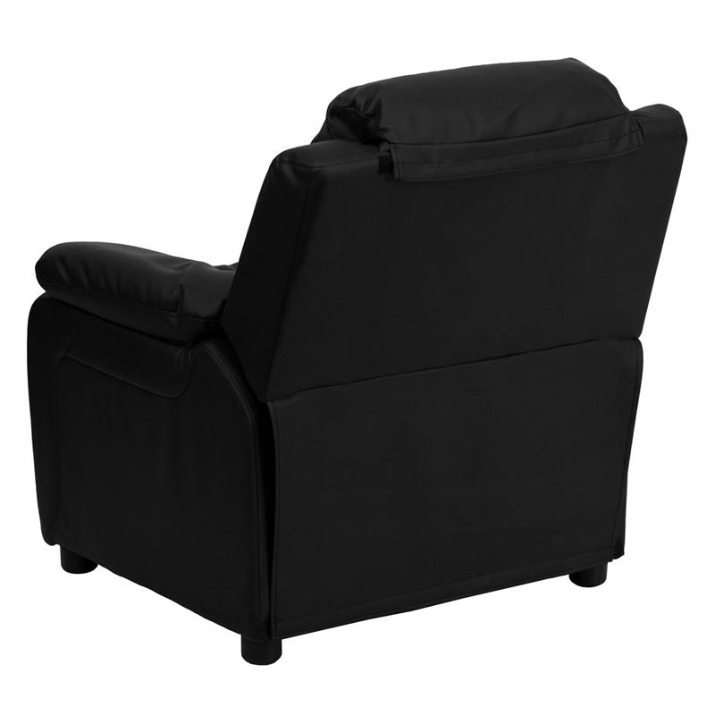 Deluxe Padded Contemporary Black LeatherSoft Kids Recliner with Storage Arms. Picture 3