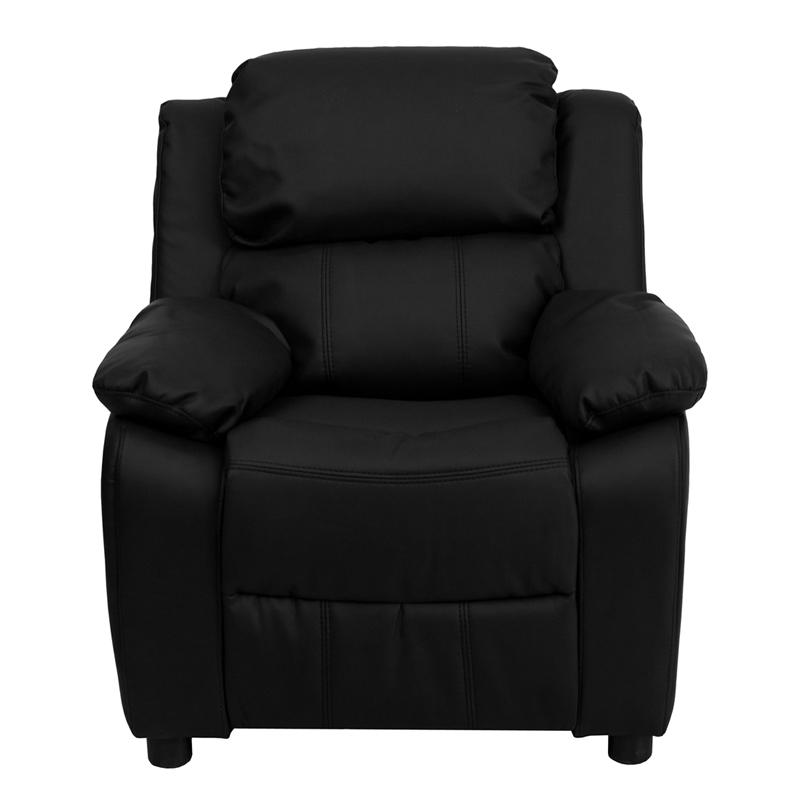 Deluxe Padded Contemporary Black LeatherSoft Kids Recliner with Storage Arms. Picture 4