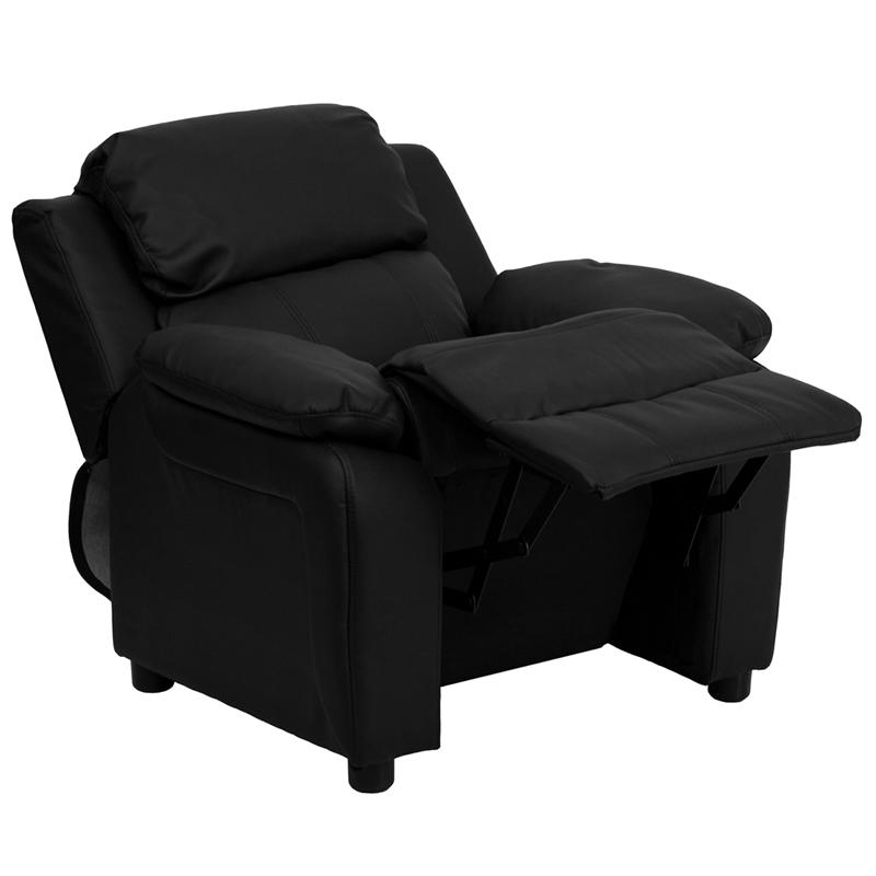 Deluxe Padded Contemporary Black LeatherSoft Kids Recliner with Storage Arms. Picture 5
