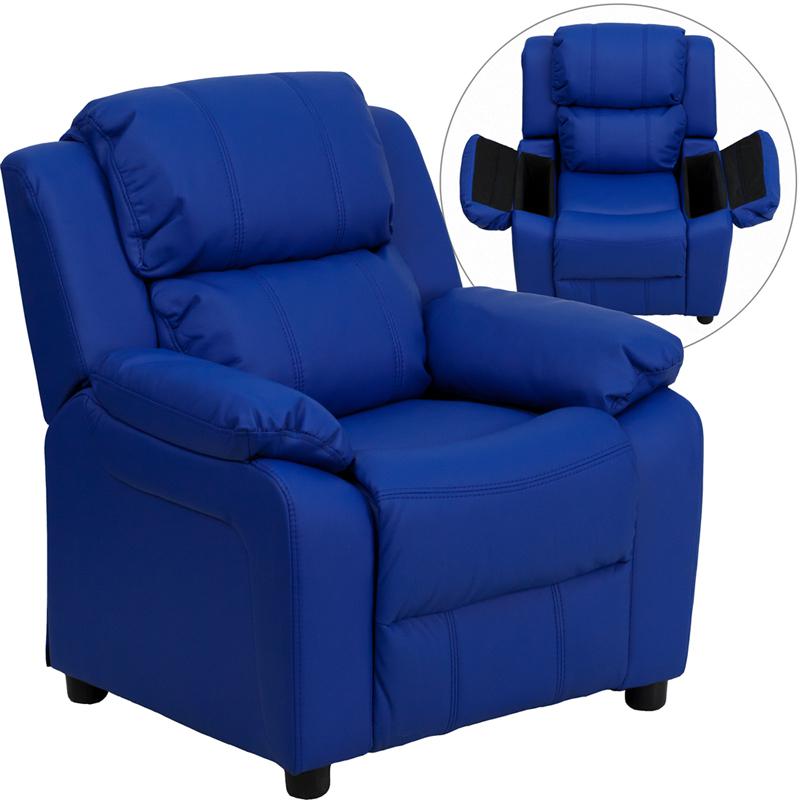 Deluxe Padded Contemporary Blue Vinyl Kids Recliner with Storage Arms. Picture 1
