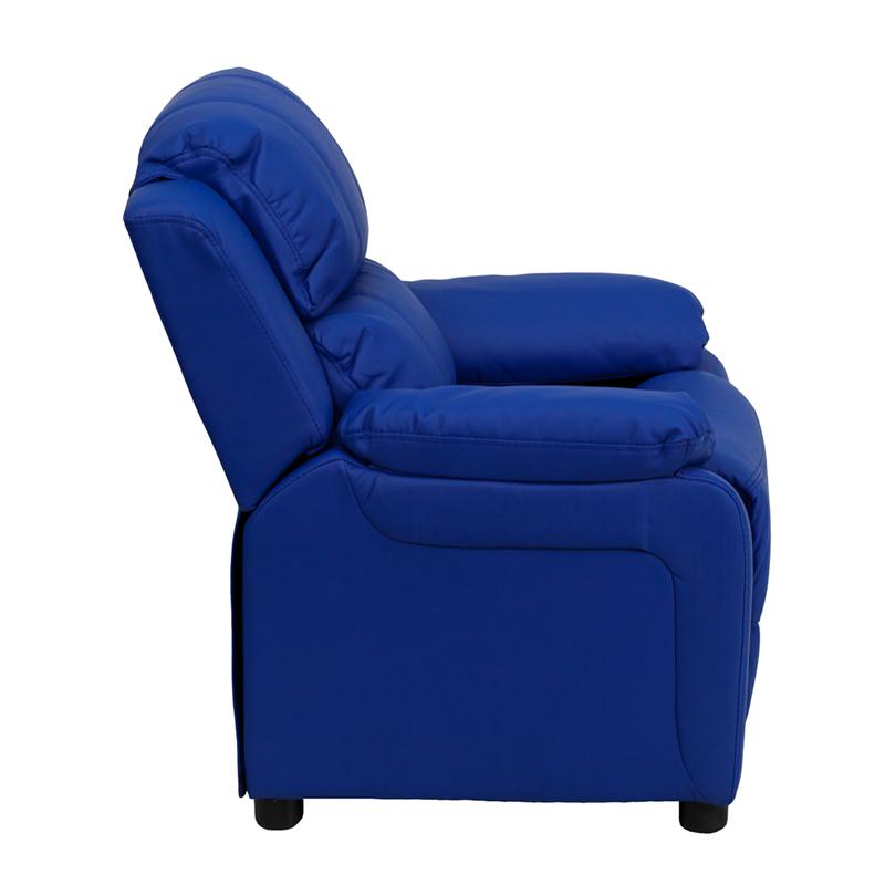 Deluxe Padded Contemporary Blue Vinyl Kids Recliner with Storage Arms. Picture 2