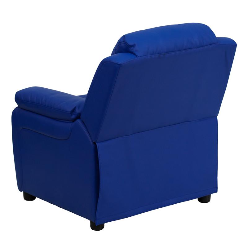 Deluxe Padded Contemporary Blue Vinyl Kids Recliner with Storage Arms. Picture 3