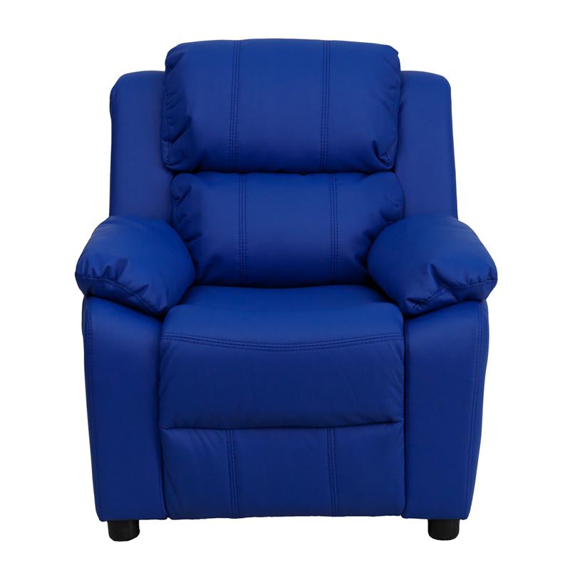 Deluxe Padded Contemporary Blue Vinyl Kids Recliner with Storage Arms. Picture 4