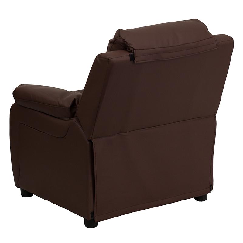 Deluxe Padded Contemporary Brown LeatherSoft Kids Recliner with Storage Arms. Picture 3