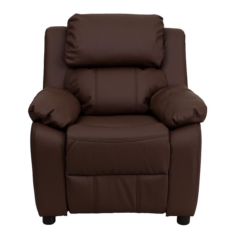 Deluxe Padded Contemporary Brown LeatherSoft Kids Recliner with Storage Arms. Picture 4