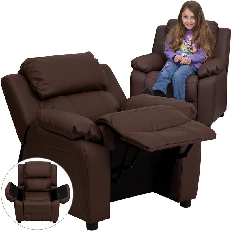 Deluxe Padded Contemporary Brown LeatherSoft Kids Recliner with Storage Arms. Picture 1