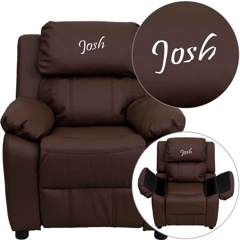 Personalized Deluxe Padded Brown LeatherSoft Kids Recliner with Storage Arms. Picture 1