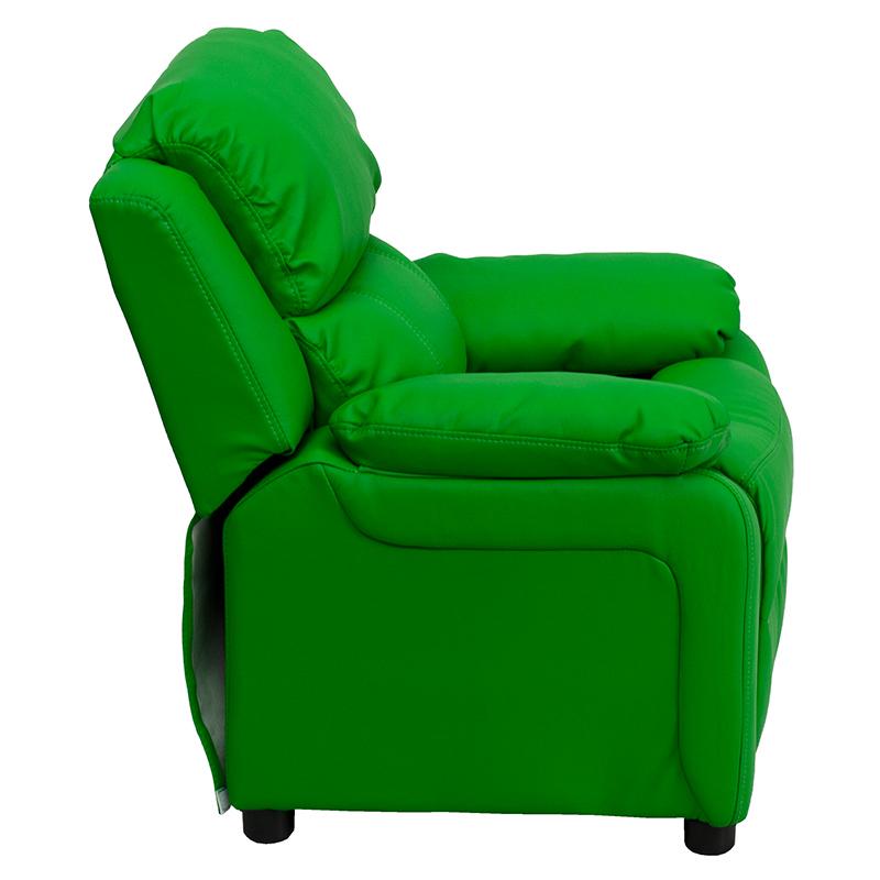 Deluxe Padded Contemporary Green Vinyl Kids Recliner with Storage Arms. The main picture.