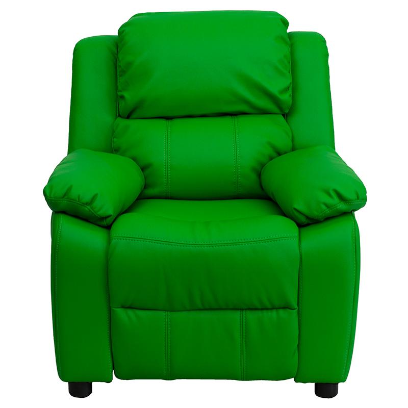 Deluxe Padded Contemporary Green Vinyl Kids Recliner with Storage Arms. Picture 3