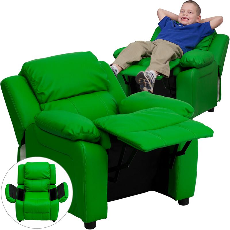 Deluxe Padded Contemporary Green Vinyl Kids Recliner with Storage Arms. The main picture.