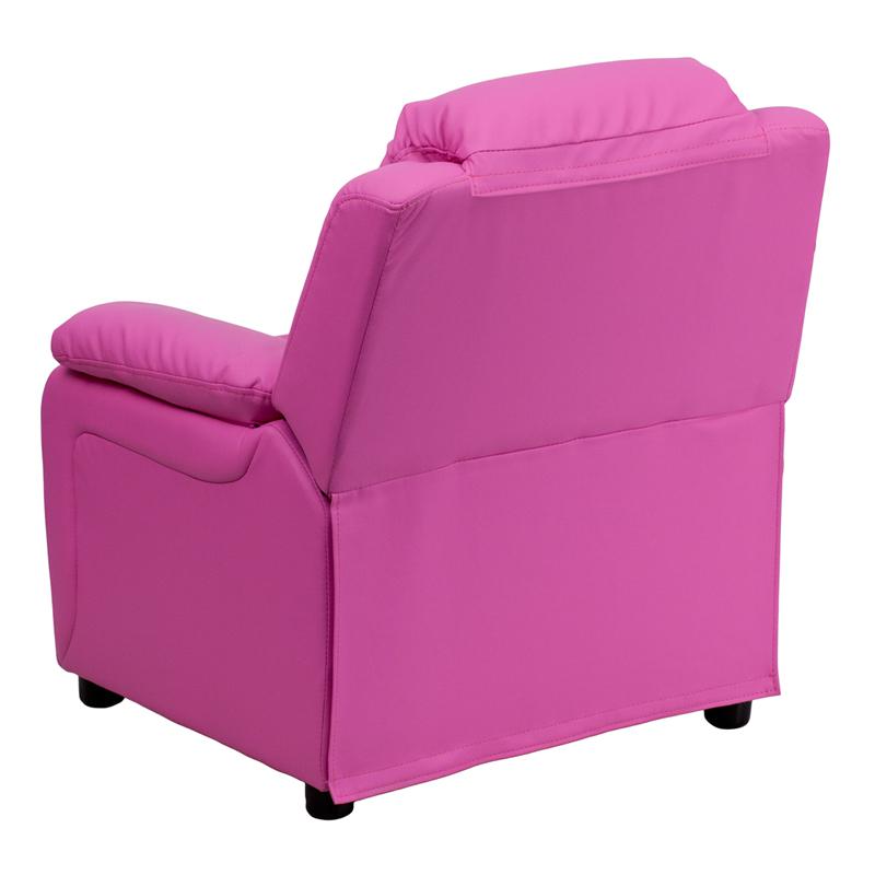 Deluxe Padded Contemporary Hot Pink Vinyl Kids Recliner with Storage Arms. Picture 3