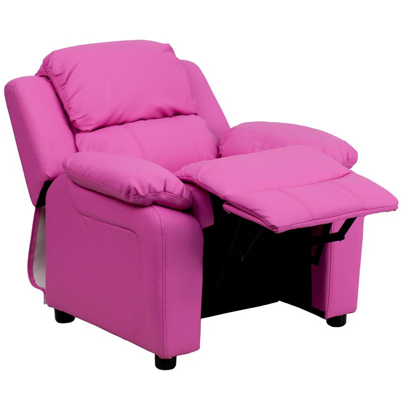 Deluxe Padded Contemporary Hot Pink Vinyl Kids Recliner with Storage Arms. Picture 5
