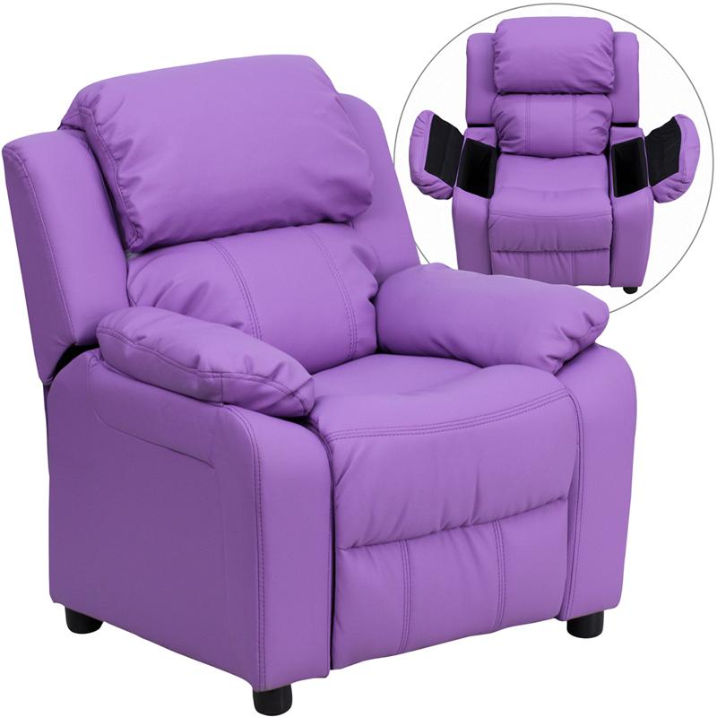 Deluxe Padded Contemporary Lavender Vinyl Kids Recliner with Storage Arms. Picture 1