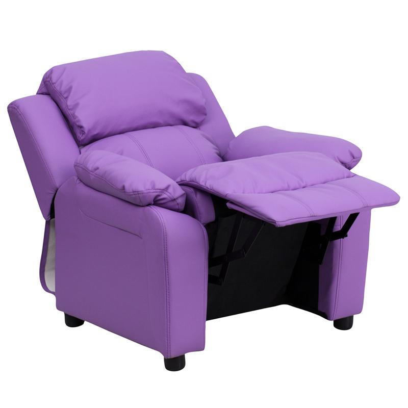 Deluxe Padded Contemporary Lavender Vinyl Kids Recliner with Storage Arms. Picture 5