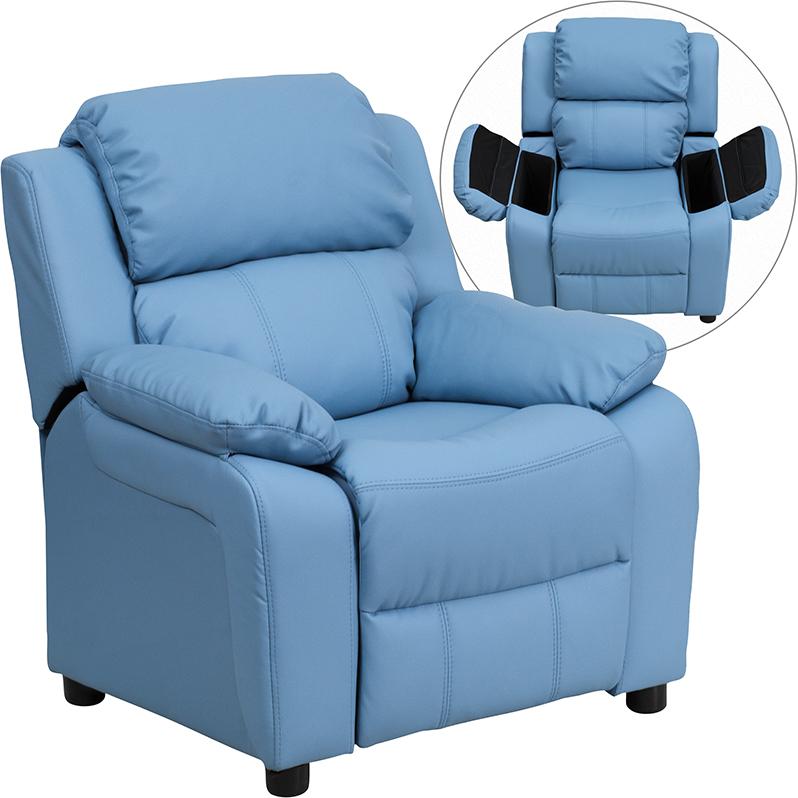 Deluxe Padded Contemporary Light Blue Vinyl Kids Recliner with Storage Arms. Picture 5