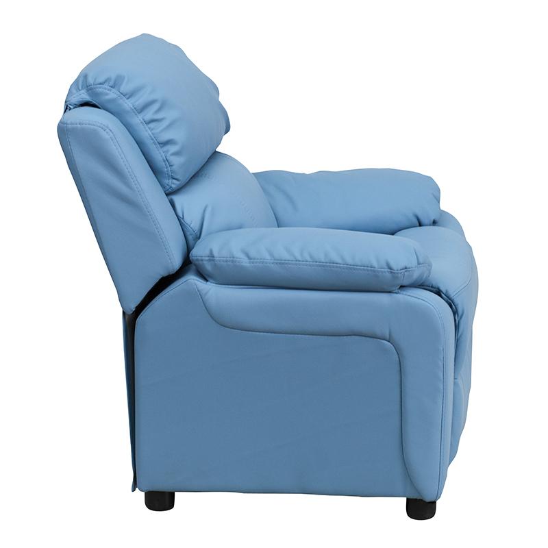 Deluxe Padded Contemporary Light Blue Vinyl Kids Recliner with Storage Arms. Picture 2