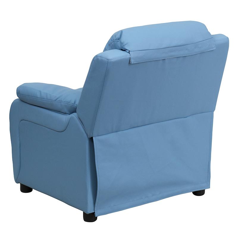 Deluxe Padded Contemporary Light Blue Vinyl Kids Recliner with Storage Arms. Picture 3