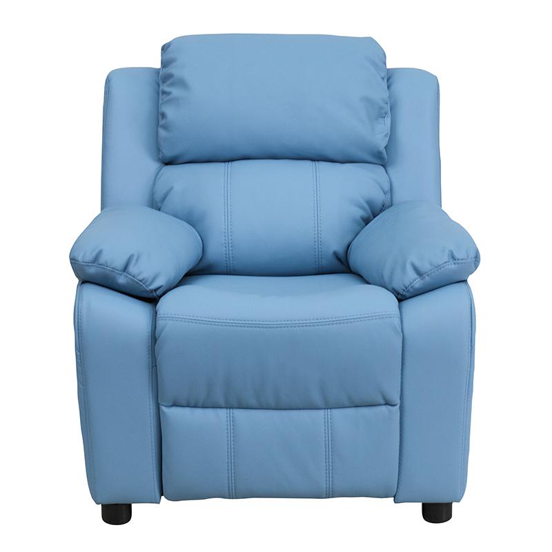Deluxe Padded Contemporary Light Blue Vinyl Kids Recliner with Storage Arms. Picture 4