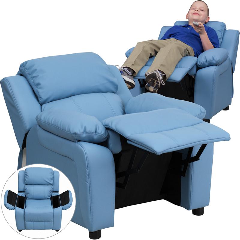 Deluxe Padded Contemporary Light Blue Vinyl Kids Recliner with Storage Arms. Picture 1