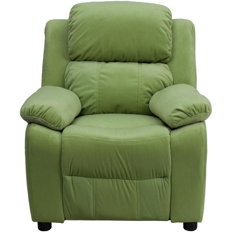Deluxe Padded Contemporary Avocado Microfiber Kids Recliner with Storage Arms. Picture 4