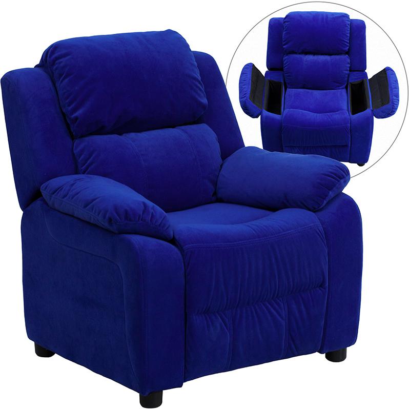 Deluxe Padded Contemporary Blue Microfiber Kids Recliner with Storage Arms. Picture 5