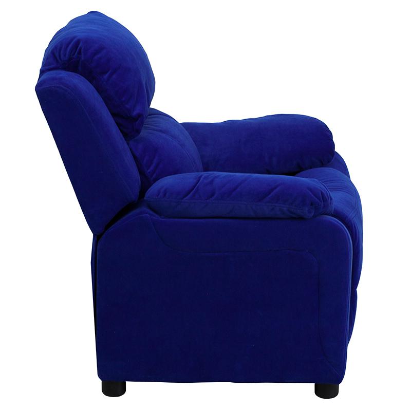 Deluxe Padded Contemporary Blue Microfiber Kids Recliner with Storage Arms. Picture 2
