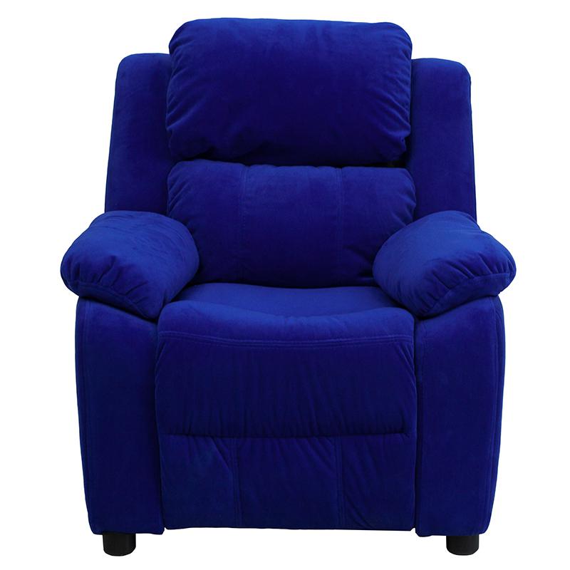 Deluxe Padded Contemporary Blue Microfiber Kids Recliner with Storage Arms. Picture 4