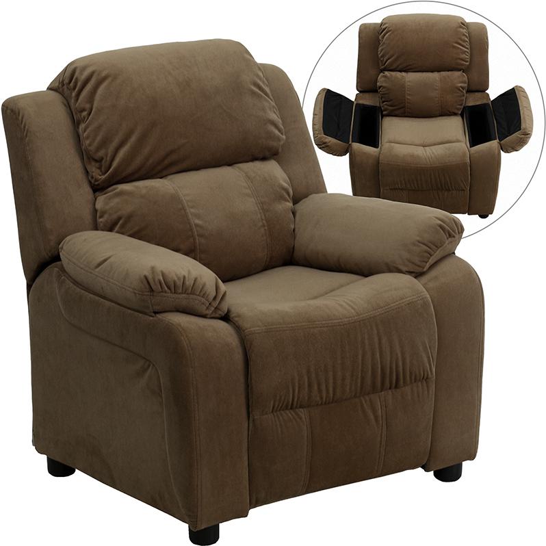 Deluxe Padded Contemporary Brown Microfiber Kids Recliner with Storage Arms. Picture 5