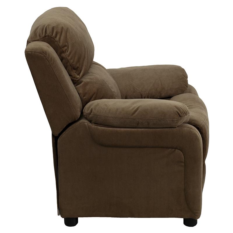Deluxe Padded Contemporary Brown Microfiber Kids Recliner with Storage Arms. Picture 2
