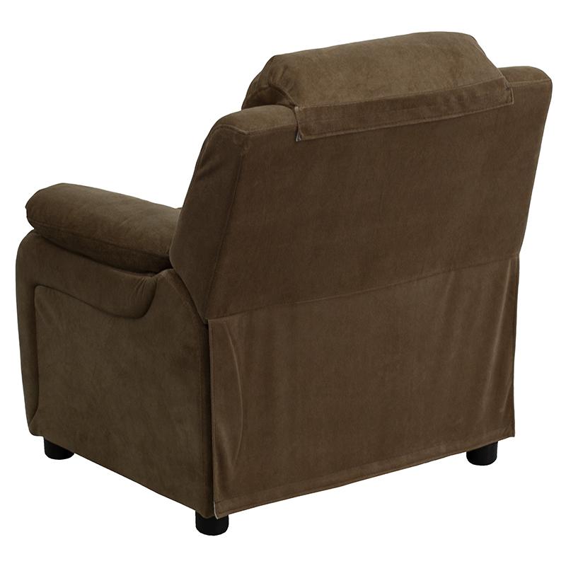 Deluxe Padded Contemporary Brown Microfiber Kids Recliner with Storage Arms. Picture 3