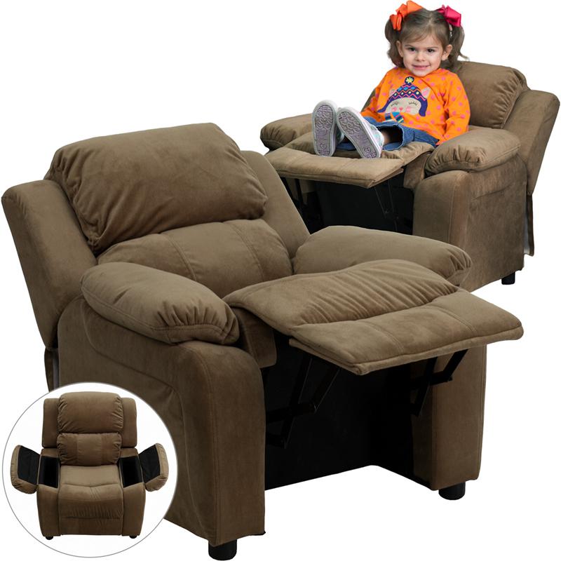 Deluxe Padded Contemporary Brown Microfiber Kids Recliner with Storage Arms. Picture 1