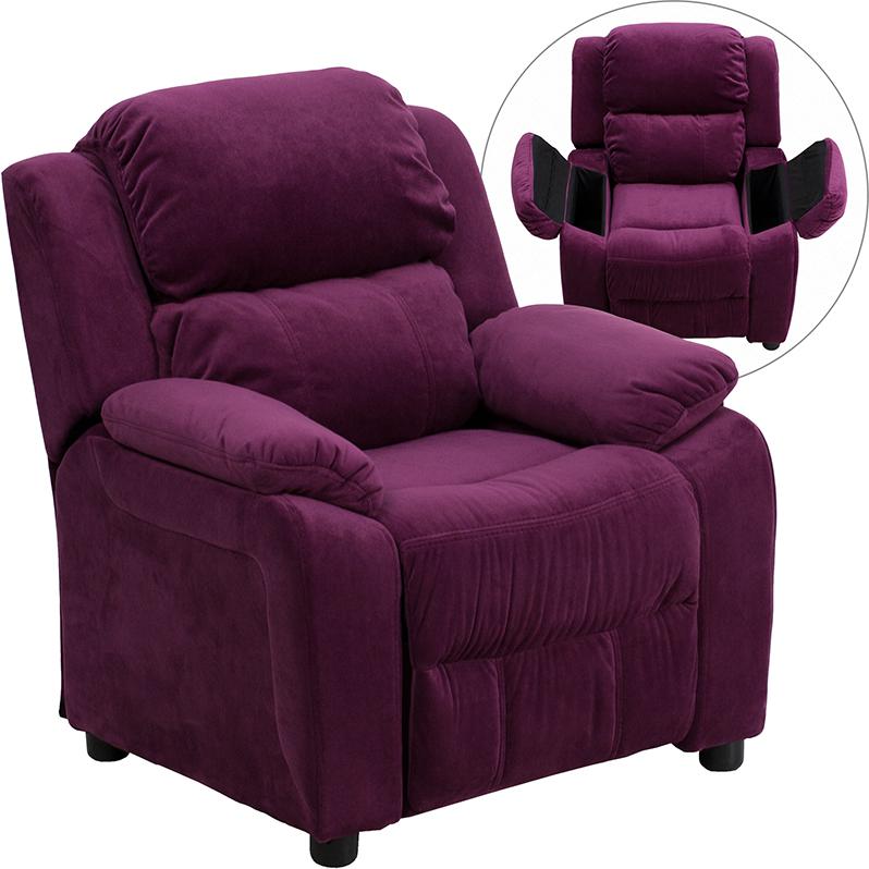 Deluxe Padded Contemporary Purple Microfiber Kids Recliner with Storage Arms. Picture 5