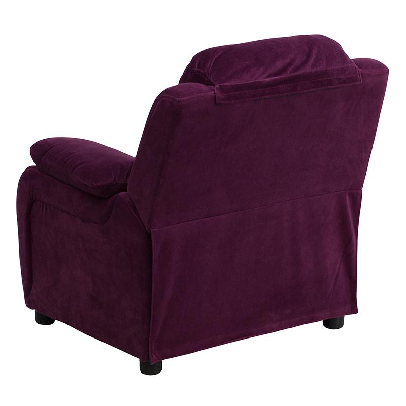 Deluxe Padded Contemporary Purple Microfiber Kids Recliner with Storage Arms. Picture 3