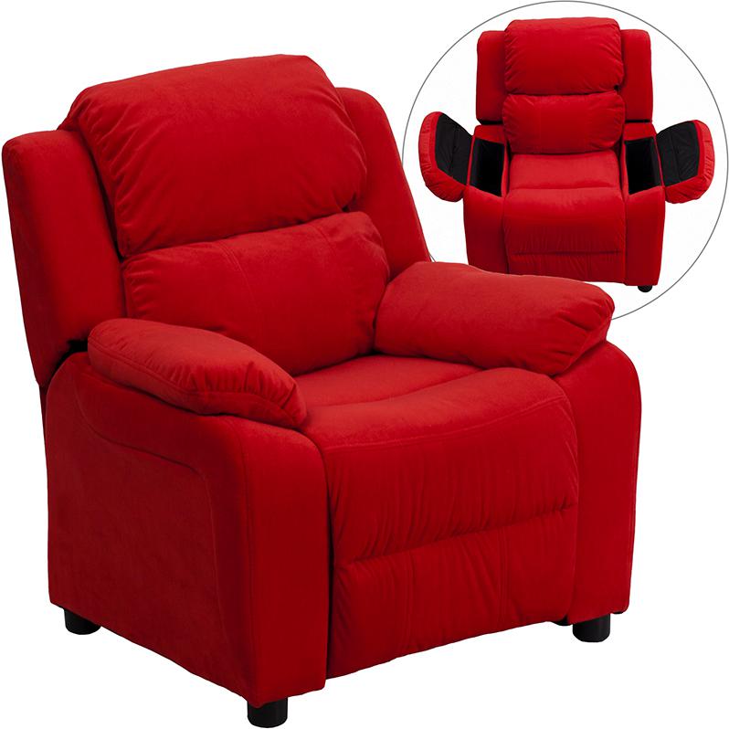 Deluxe Padded Contemporary Red Microfiber Kids Recliner with Storage Arms. Picture 5