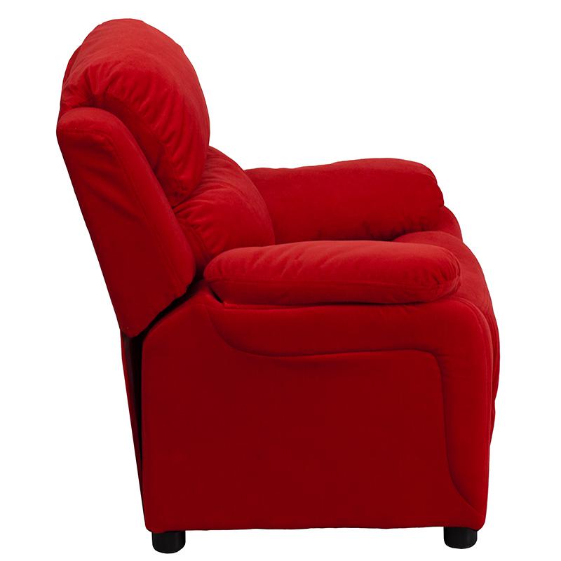 Deluxe Padded Contemporary Red Microfiber Kids Recliner with Storage Arms. Picture 2